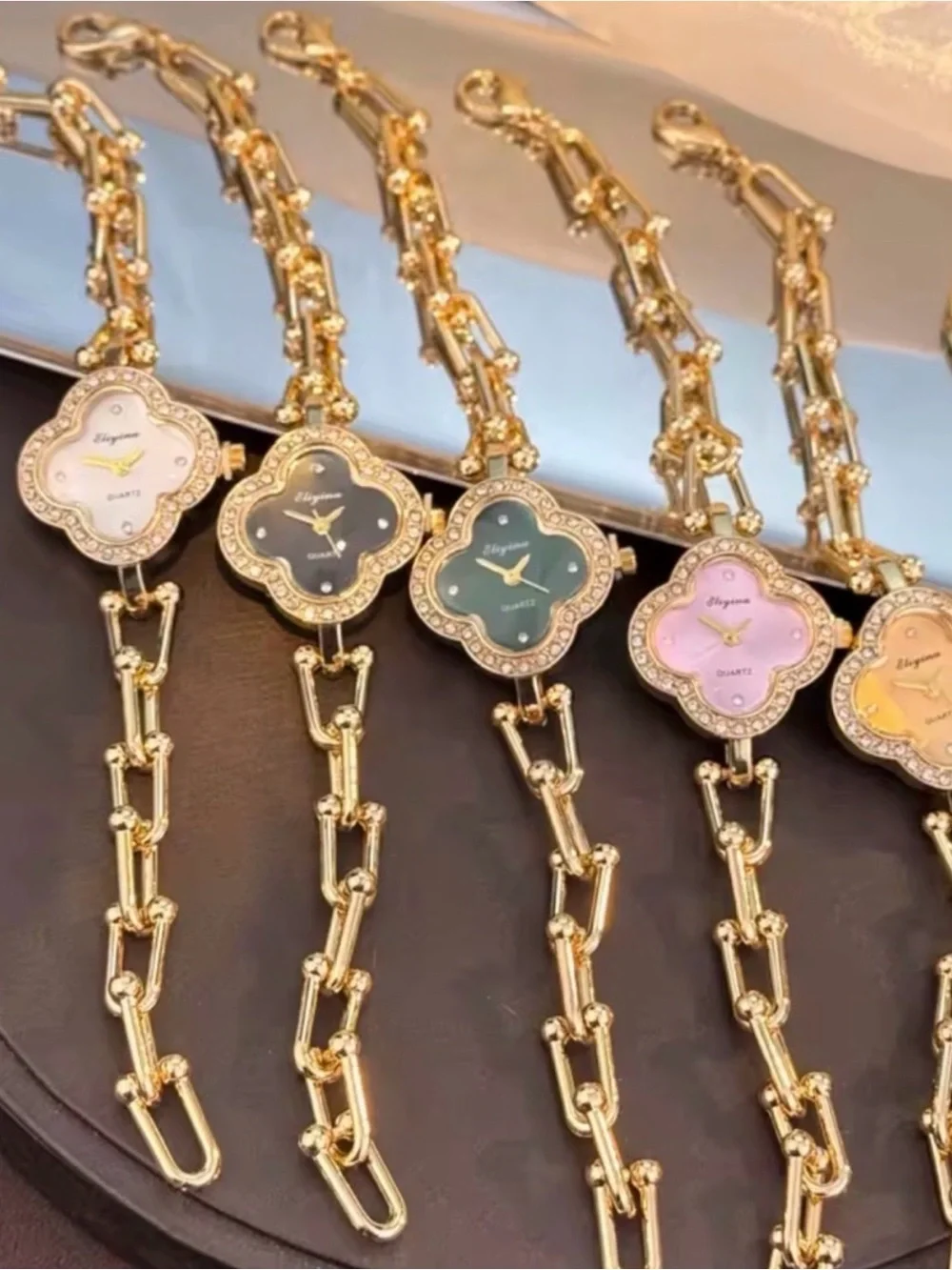 Women's Gold Tone Black Face Floral Quartz Bracelet Watch